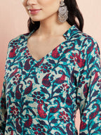 Aks Floral Printed V-Neck Pure Cotton Kurta with Salwar