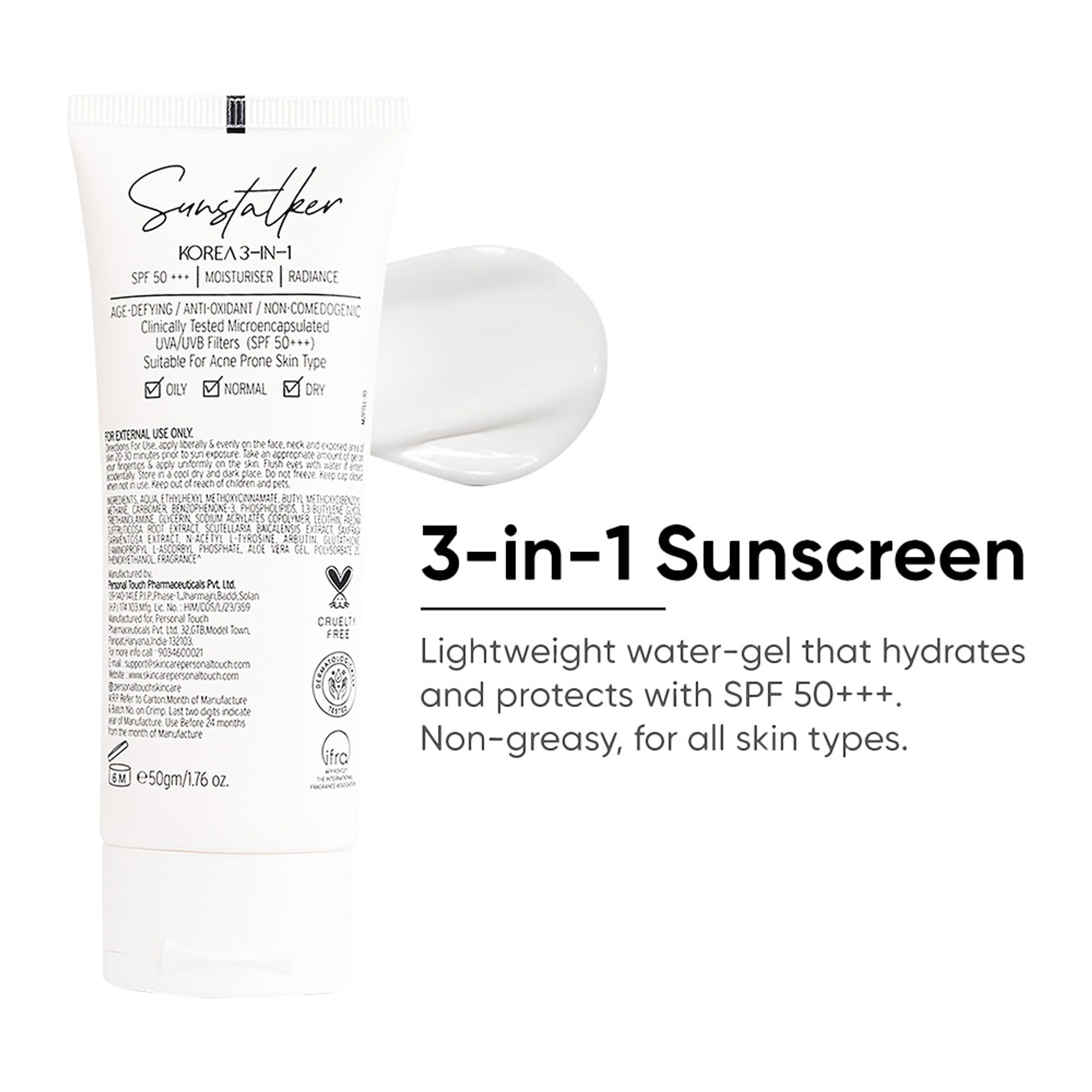 Personal Touch Skincare Sunstalker Korea Aqua Gel Sunscreen SPF 50 PA +++ For Oily, Dry & Normal Skin