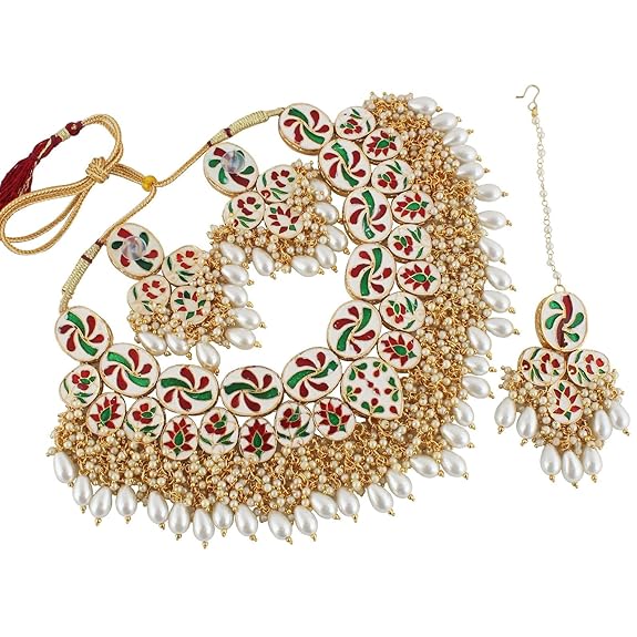 Tehzeeb Creations Back Meenakari Gold-Polished Set with Earring and Mang Tika Combo Uncut Big Faux Kundan Choker Necklace set