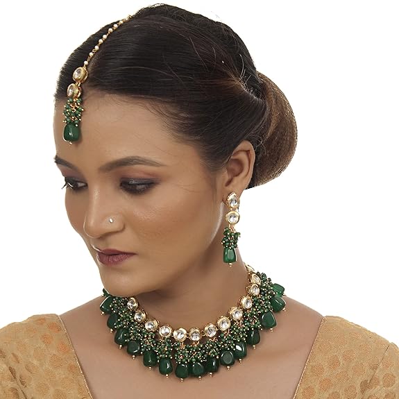 Tehzeeb Creations Back Meenakari Gold-Polished Tika Earring Jewellery Set Uncut Kundan Big Faux Kundan Dibbi Kundan Choker Necklace Set