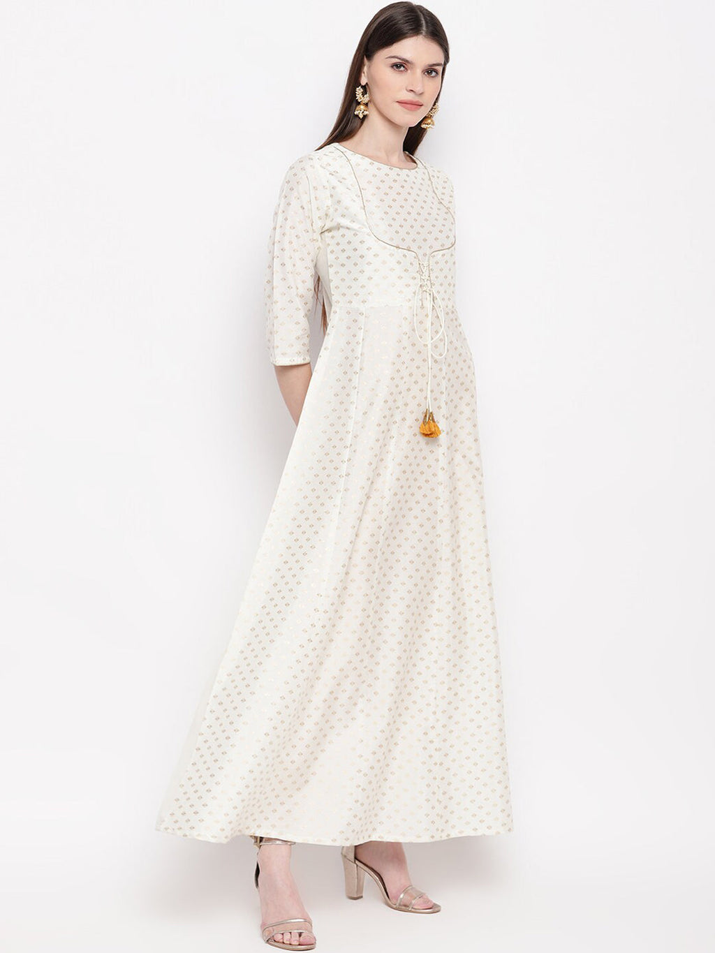 Janasya Off White & Gold-Toned Geometric Printed Anarkali Kurta - Distacart