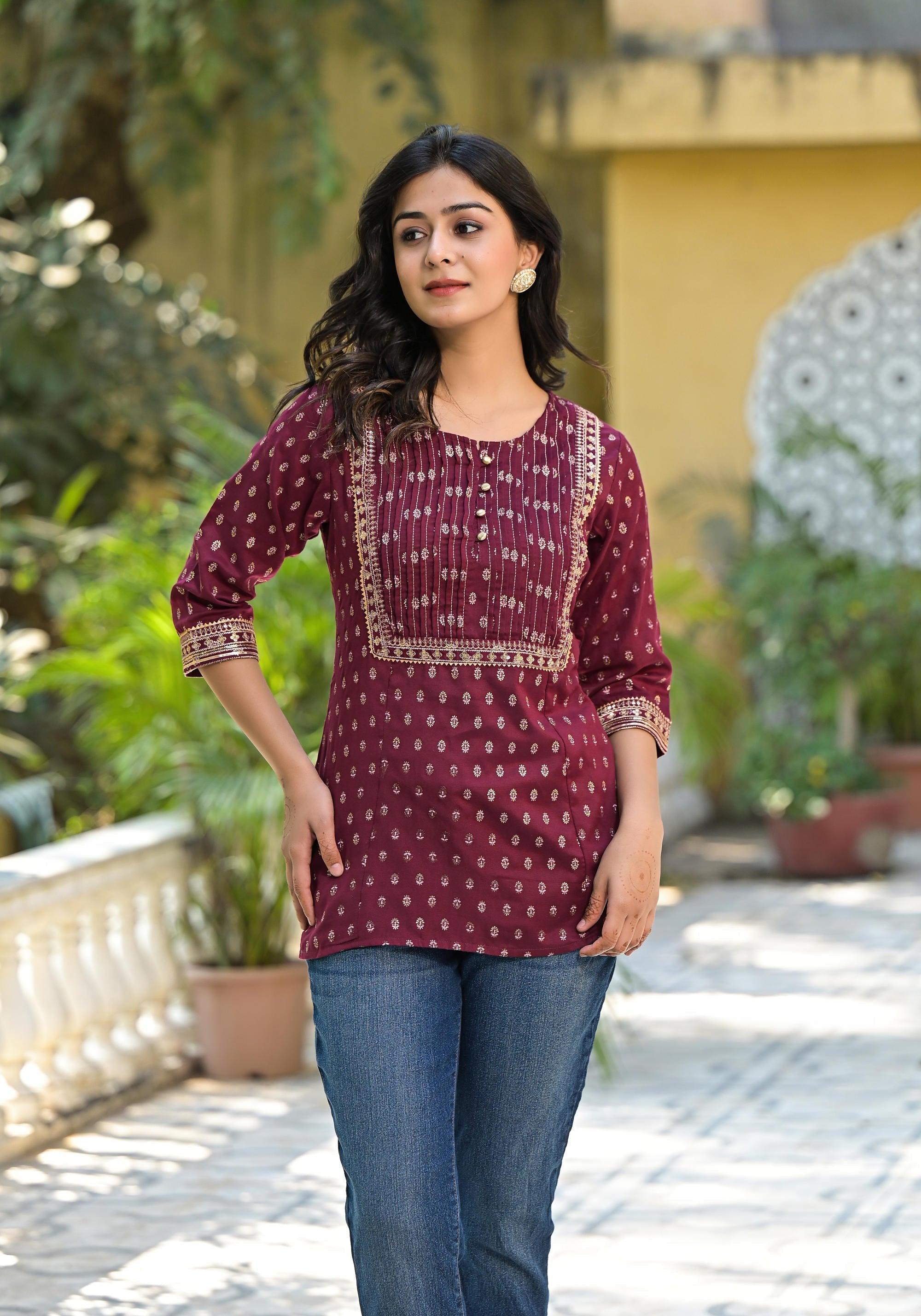 Juniper Women's Wine Ethnic Motif Printed Rayon Tunic With Sequins & Lace