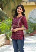 Juniper Women's Wine Ethnic Motif Printed Rayon Tunic With Sequins & Lace