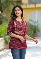 Juniper Women's Wine Ethnic Motif Printed Rayon Tunic With Sequins & Lace