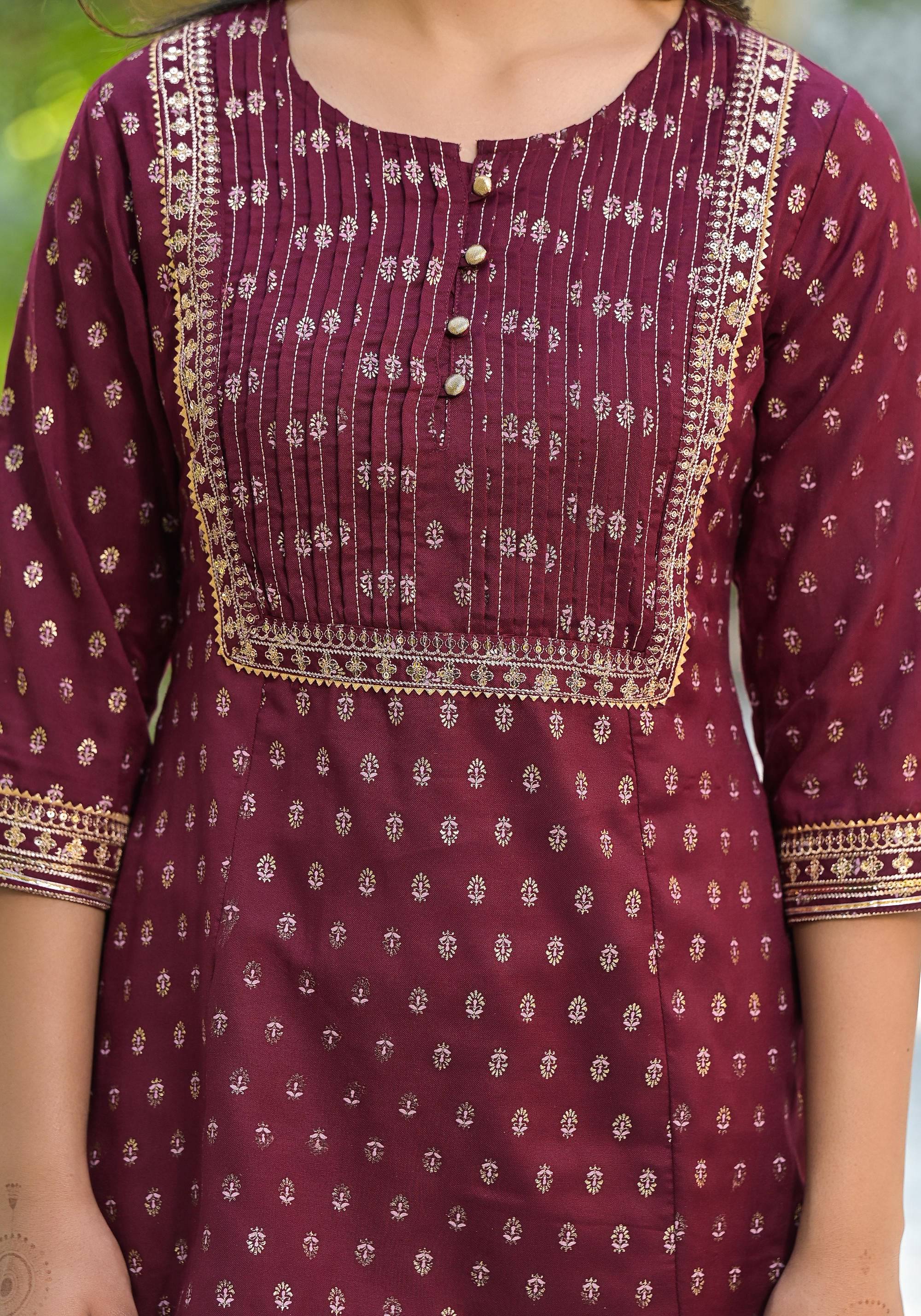 Juniper Women's Wine Ethnic Motif Printed Rayon Tunic With Sequins & Lace