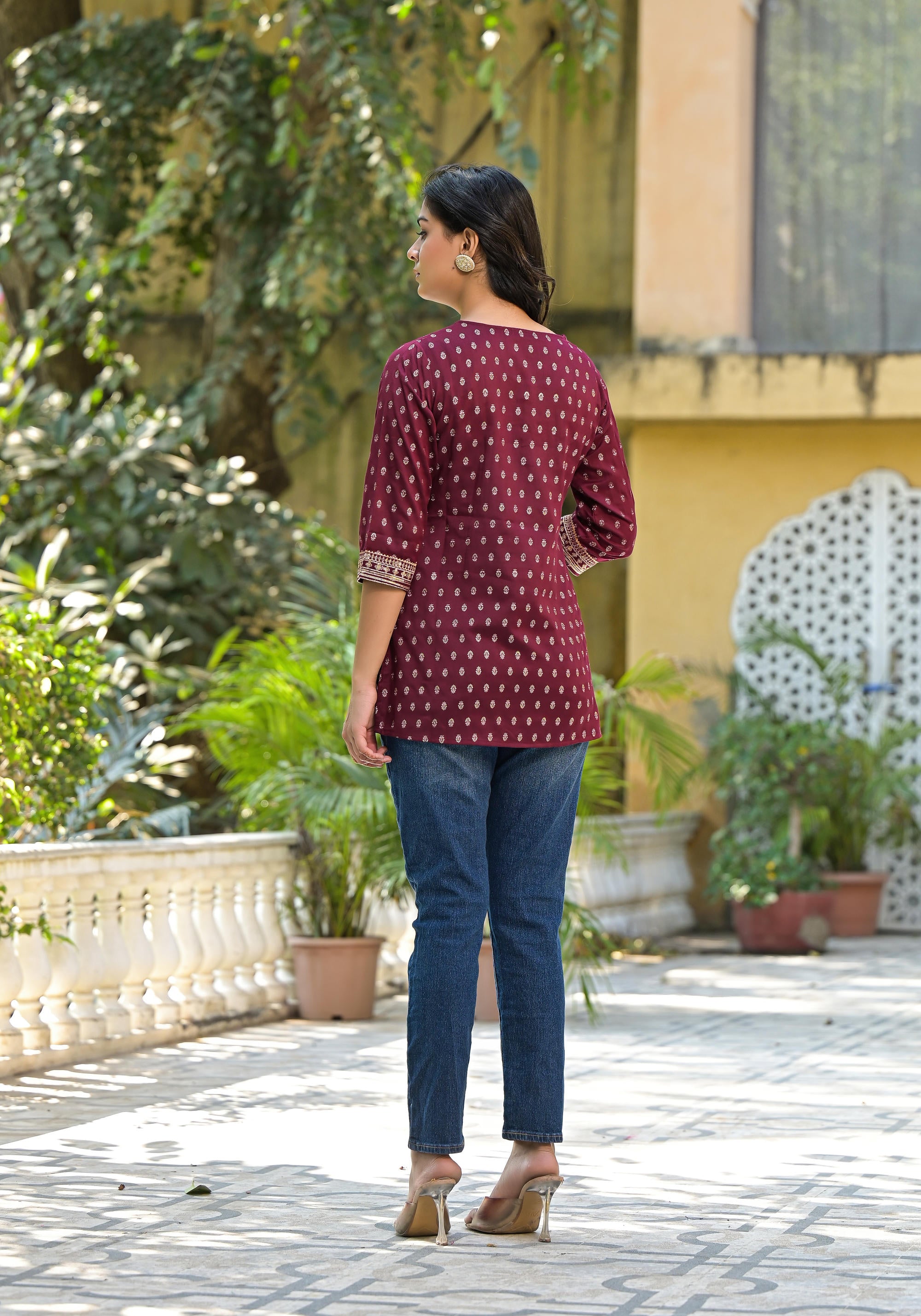 Juniper Women's Wine Ethnic Motif Printed Rayon Tunic With Sequins & Lace