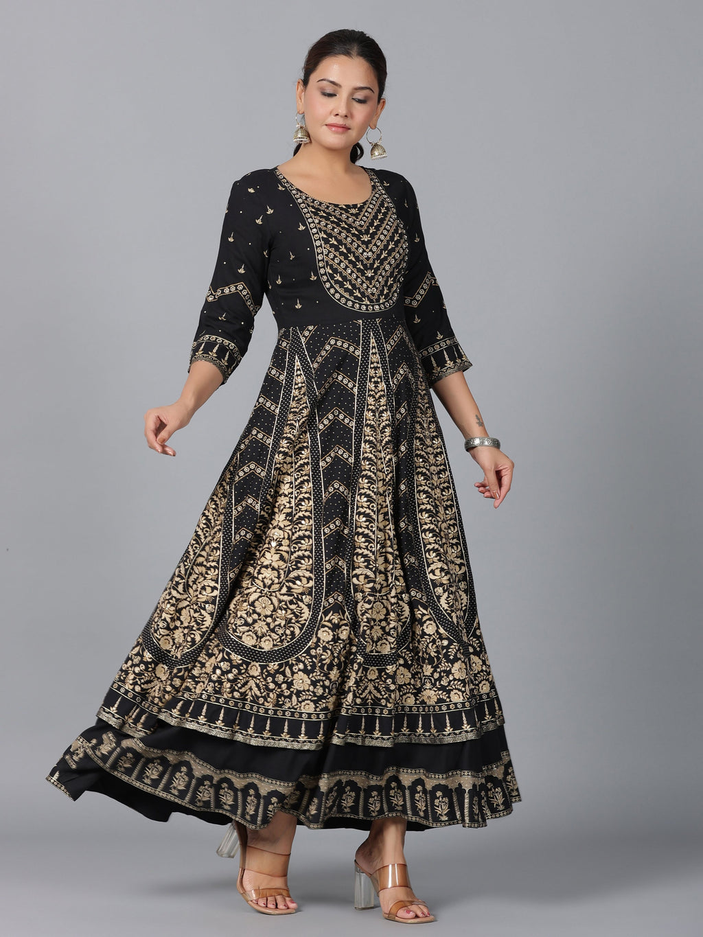 Juniper Women Black Rayon Printed Anarkali Dress - Distacart