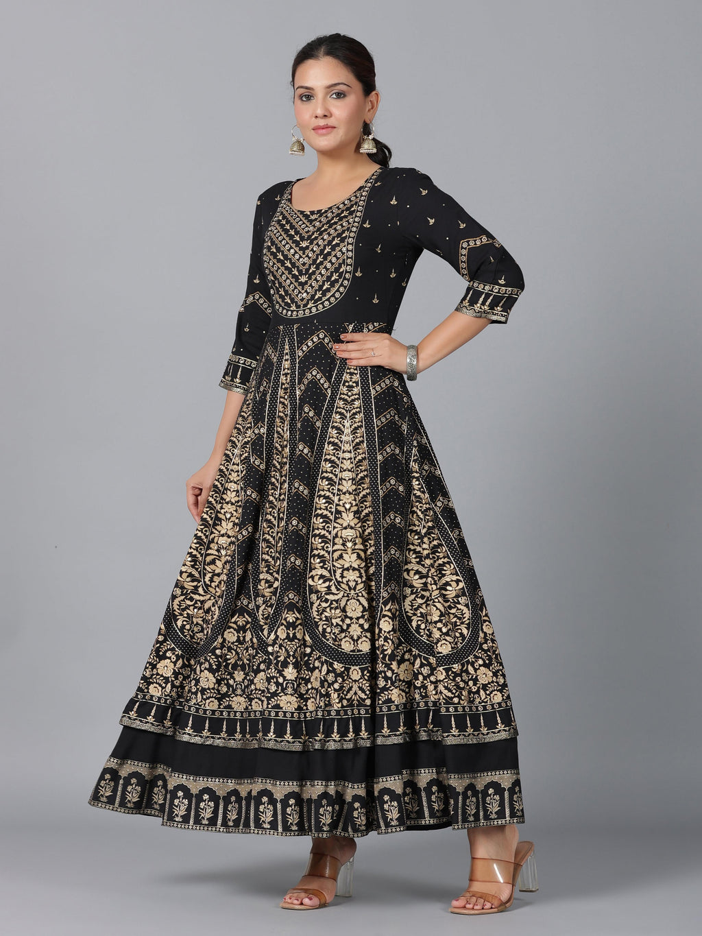 Juniper Women Black Rayon Printed Anarkali Dress - Distacart