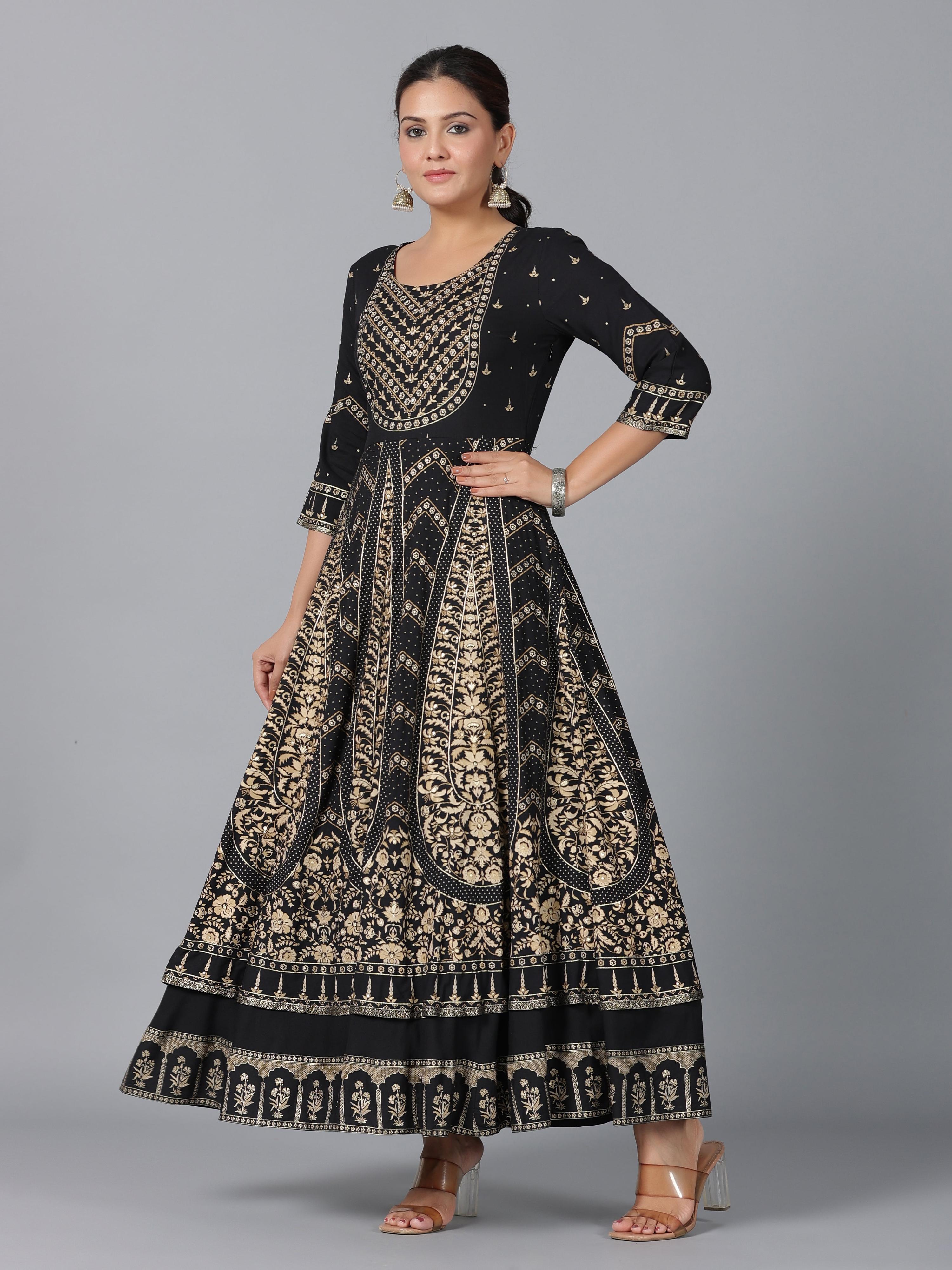 Juniper Women Black Rayon Printed Anarkali Dress - Distacart