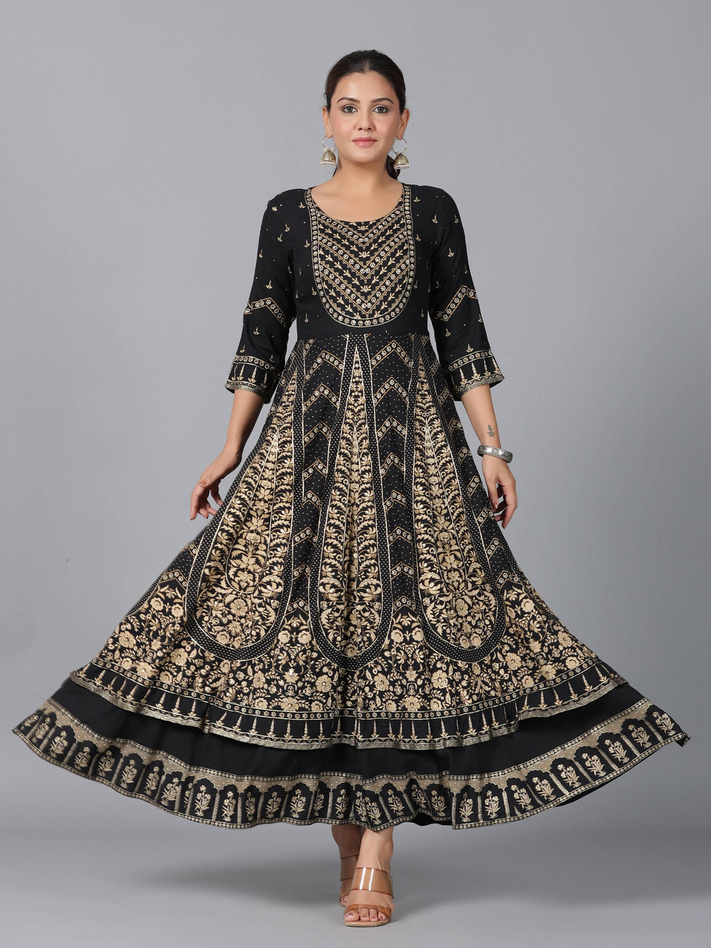 Juniper Women Black Rayon Printed Anarkali Dress - Distacart