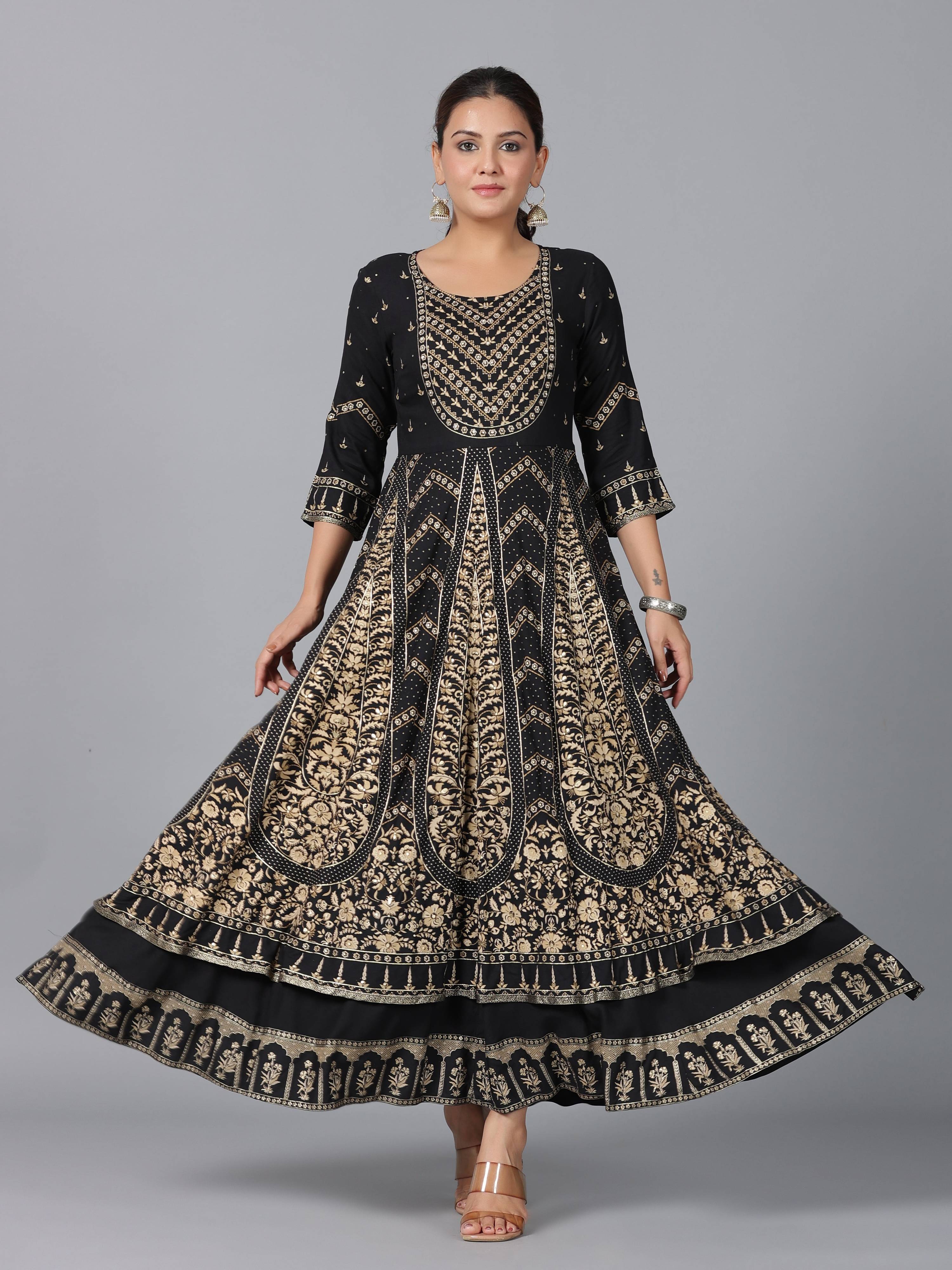 Juniper Women Black Rayon Printed Anarkali Dress - Distacart