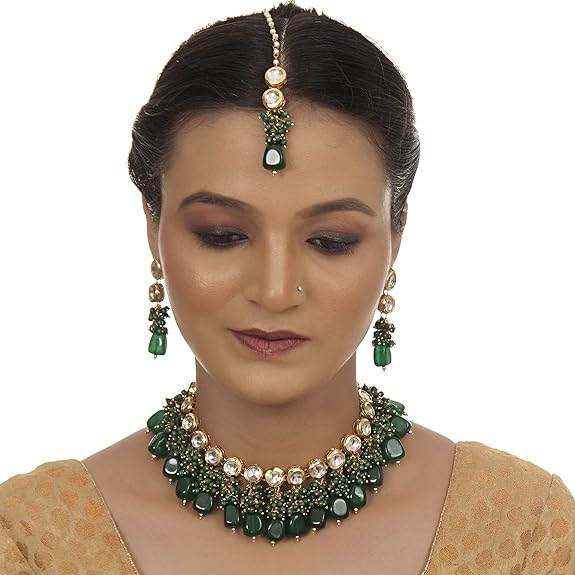 Tehzeeb Creations Back Meenakari Gold-Polished Tika Earring Jewellery Set Uncut Kundan Big Faux Kundan Dibbi Kundan Choker Necklace Set