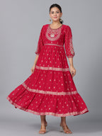 Juniper Women Red Georgette Printed Tiered Maxi Dress - Distacart