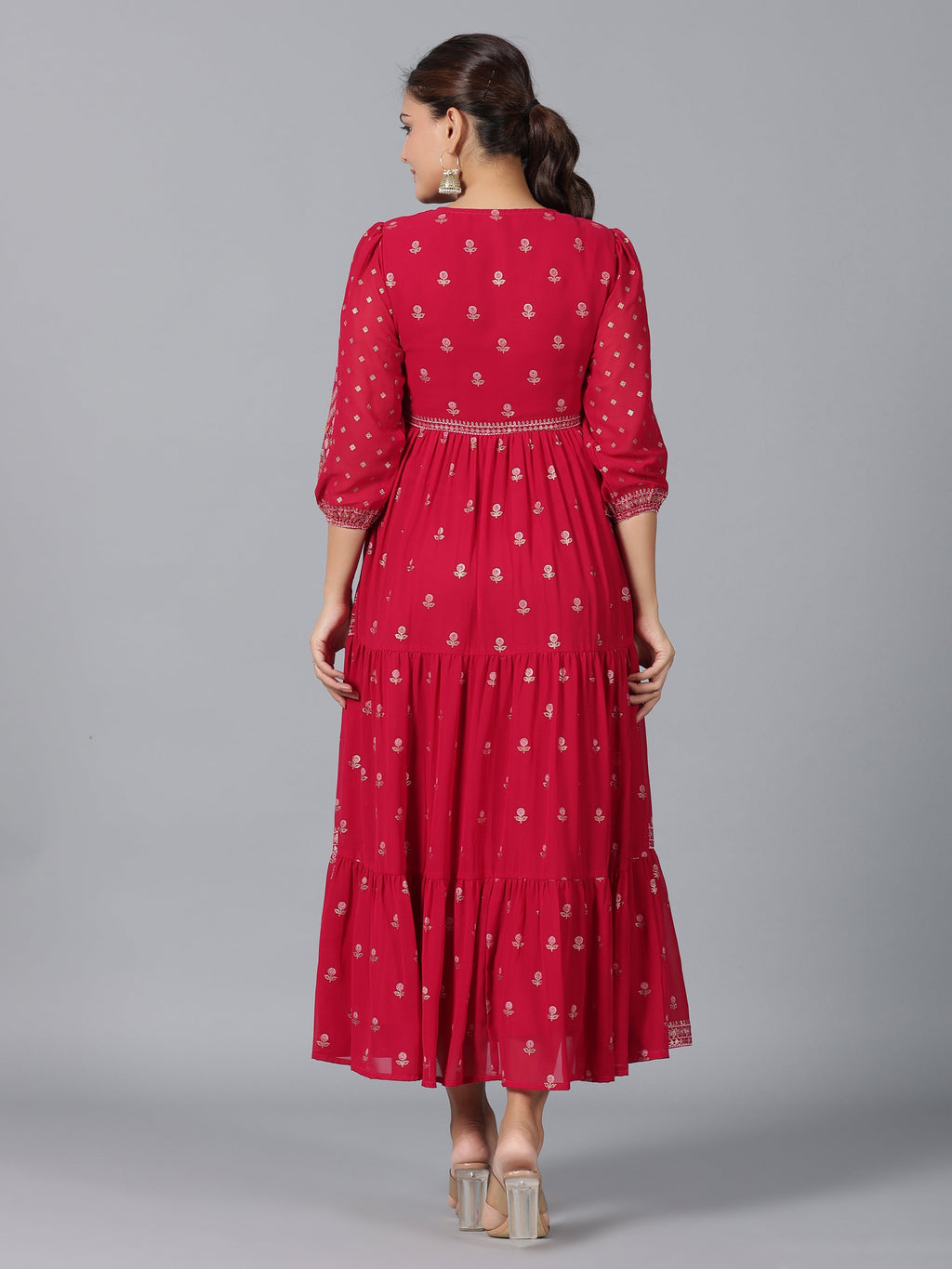 Juniper Women Red Georgette Printed Tiered Maxi Dress - Distacart