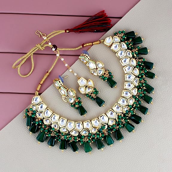 Tehzeeb Creations Meenakari Gold-Polished pentagon shape Uncut Kundan Necklace Set