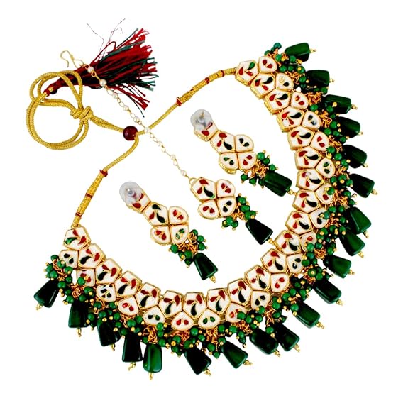 Tehzeeb Creations Meenakari Gold-Polished pentagon shape Uncut Kundan Necklace Set