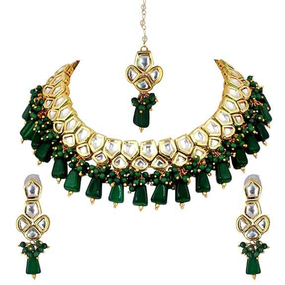 Tehzeeb Creations Meenakari Gold-Polished pentagon shape Uncut Kundan Necklace Set
