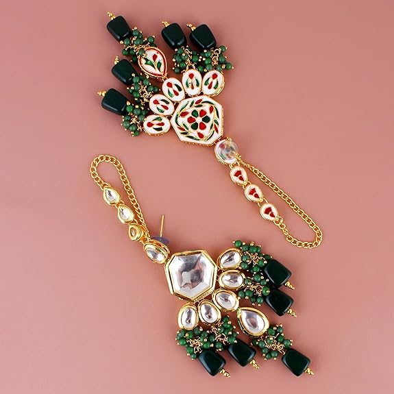 Tehzeeb Creations Back Meenakari Gold-Polished Green Color Tika Earring Combo Uncut Big Faux Kundan Choker Necklace Set