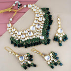 Tehzeeb Creations Back Meenakari Gold-Polished Green Color Tika Earring Combo Uncut Big Faux Kundan Choker Necklace Set