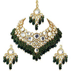 Tehzeeb Creations Back Meenakari Gold-Polished Green Color Tika Earring Combo Uncut Big Faux Kundan Choker Necklace Set