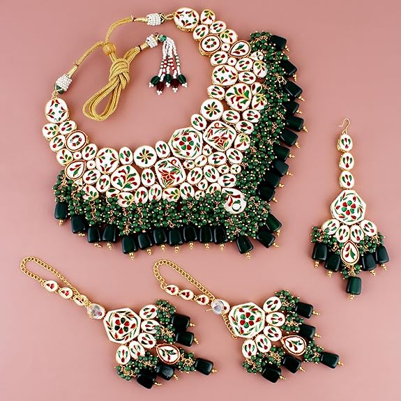 Tehzeeb Creations Back Meenakari Gold-Polished Green Color Tika Earring Combo Uncut Big Faux Kundan Choker Necklace Set