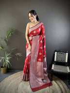 Joban Fashion Maroon Floral Motifs Soft Silk Banarasi Saree - Distacart