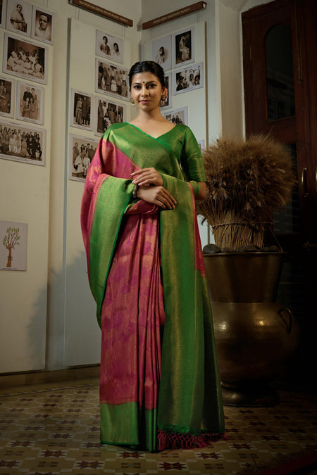 Vardha Magenta Pink Golden Zari Kanjeevaram Silk Saree