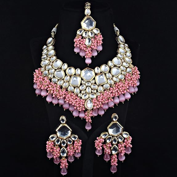 Tehzeeb Creations Gold-Polished Pink Color Kundan Stone/Uncut Kundan/Dibbi Kundan/Meena Kundan/Lucknow Kundan with Monalisa Drop Bridal Set for Girls & Women