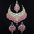 Tehzeeb Creations Gold-Polished Pink Color Kundan Stone/Uncut Kundan/Dibbi Kundan/Meena Kundan/Lucknow Kundan with Monalisa Drop Bridal Set for Girls & Women