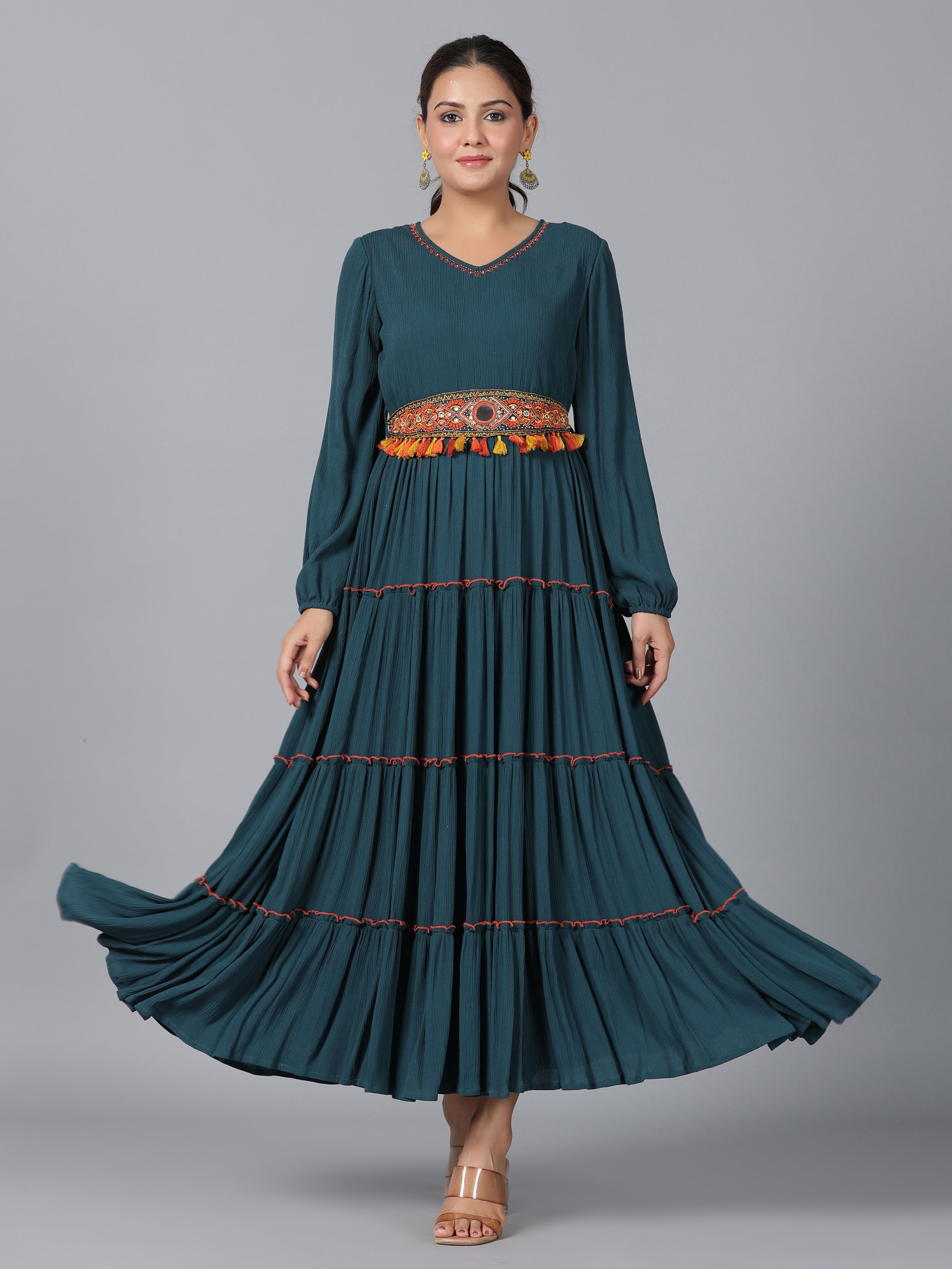 Juniper Women Bottle Green Rayon Crepe Tiered Maxi Dress - Distacart