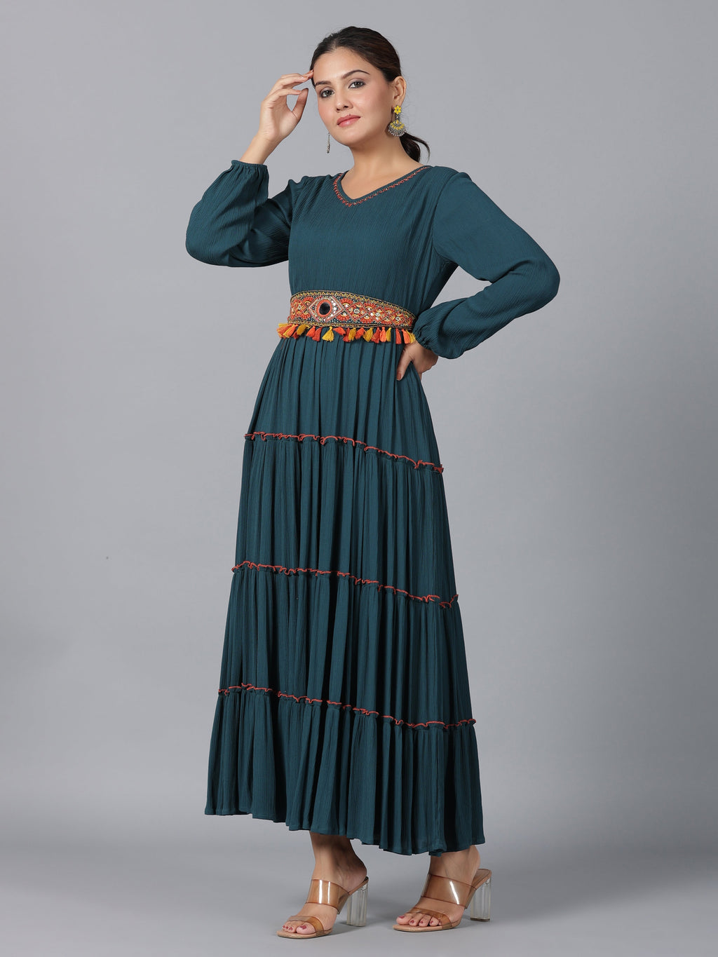 Juniper Women Bottle Green Rayon Crepe Tiered Maxi Dress - Distacart