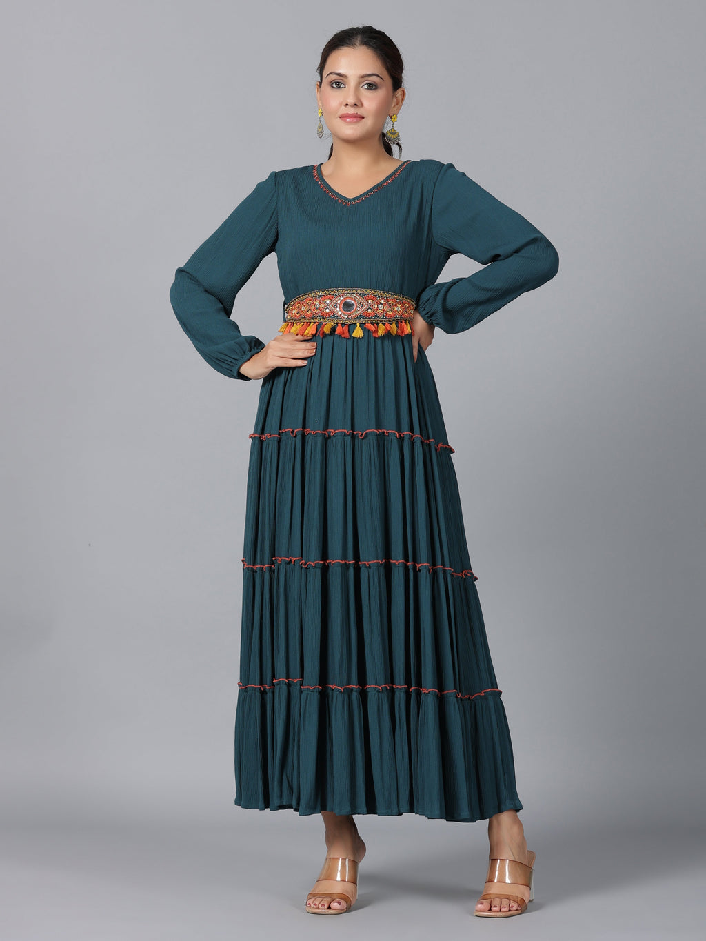 Juniper Women Bottle Green Rayon Crepe Tiered Maxi Dress - Distacart
