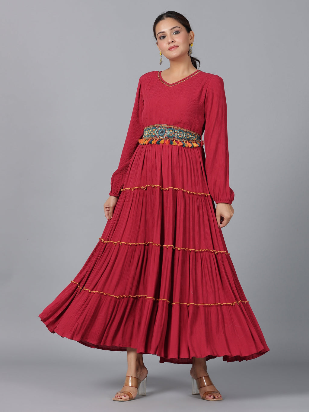 Juniper Women Maroon Rayon Crepe Tiered Maxi Dress - Distacart