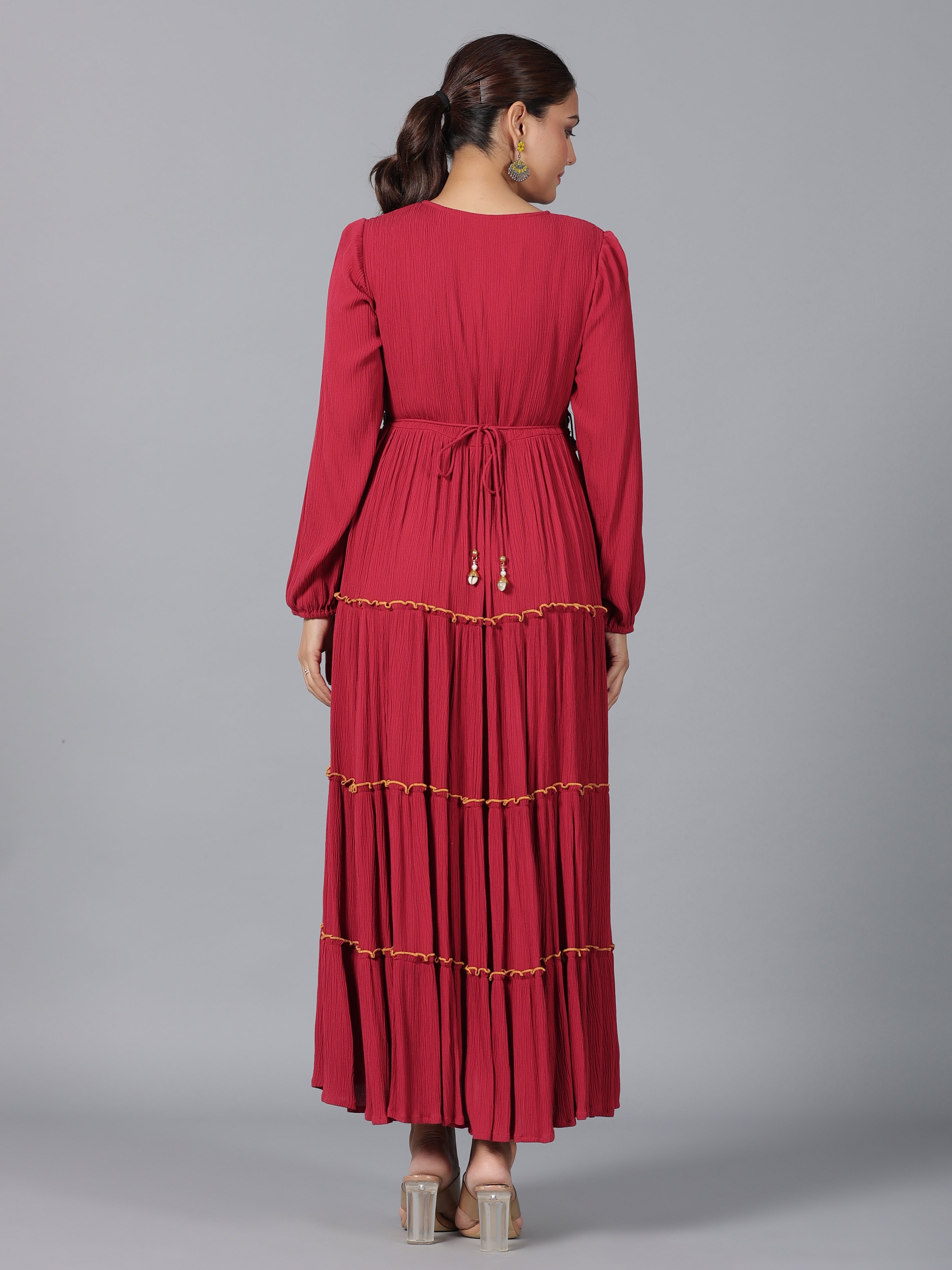 Juniper Women Maroon Rayon Crepe Tiered Maxi Dress - Distacart