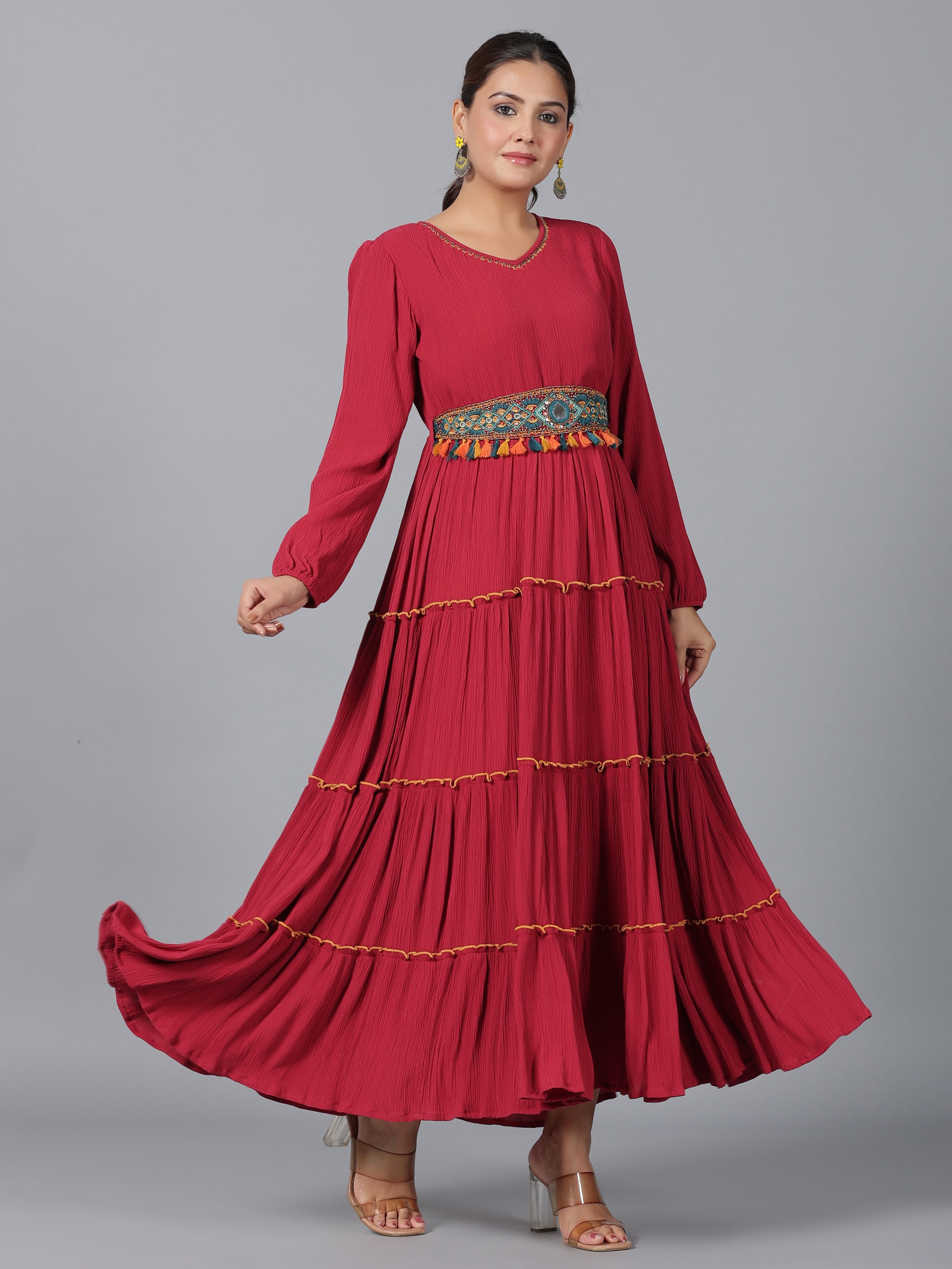 Juniper Women Maroon Rayon Crepe Tiered Maxi Dress - Distacart