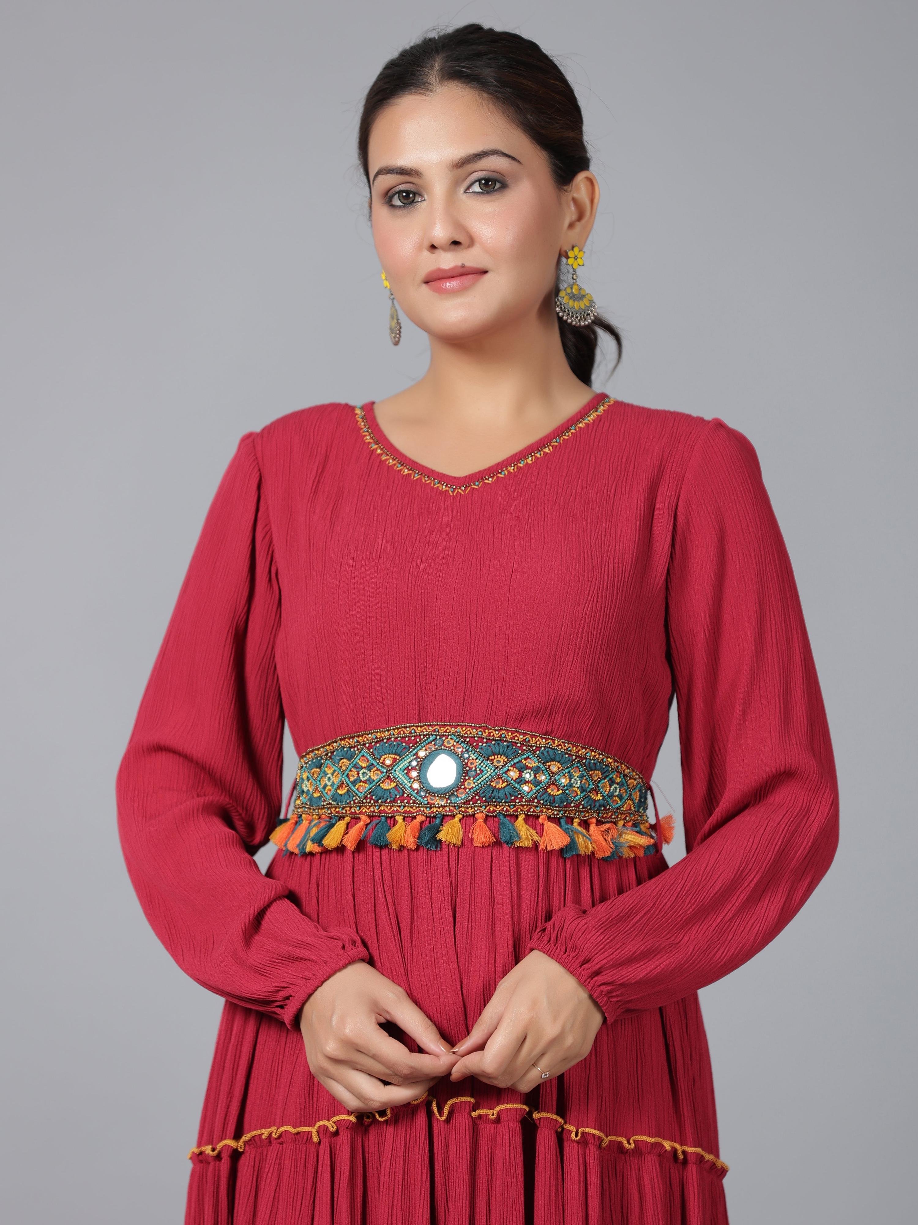 Juniper Women Maroon Rayon Crepe Tiered Maxi Dress - Distacart