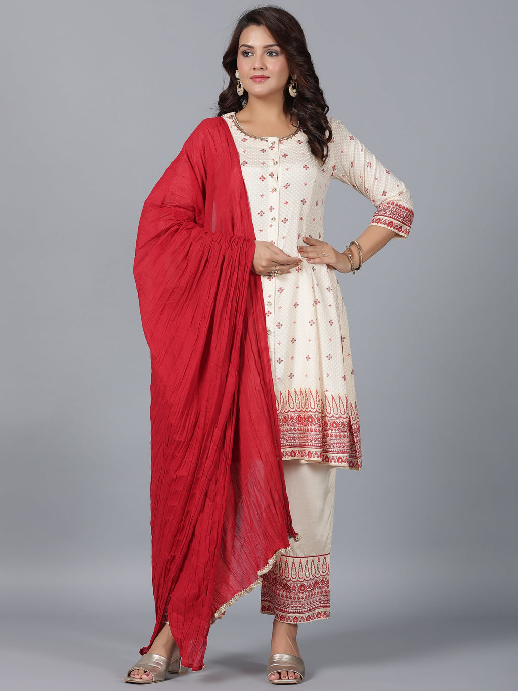 Juniper Women Beige Viscose Shantoon Printed Kurta, Pants & Dupatta Set