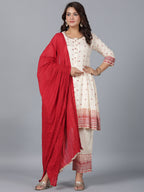 Juniper Women Beige Viscose Shantoon Printed Kurta, Pants & Dupatta Set