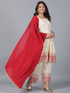 Juniper Women Beige Viscose Shantoon Printed Kurta, Pants & Dupatta Set