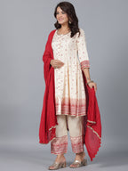 Juniper Women Beige Viscose Shantoon Printed Kurta, Pants & Dupatta Set