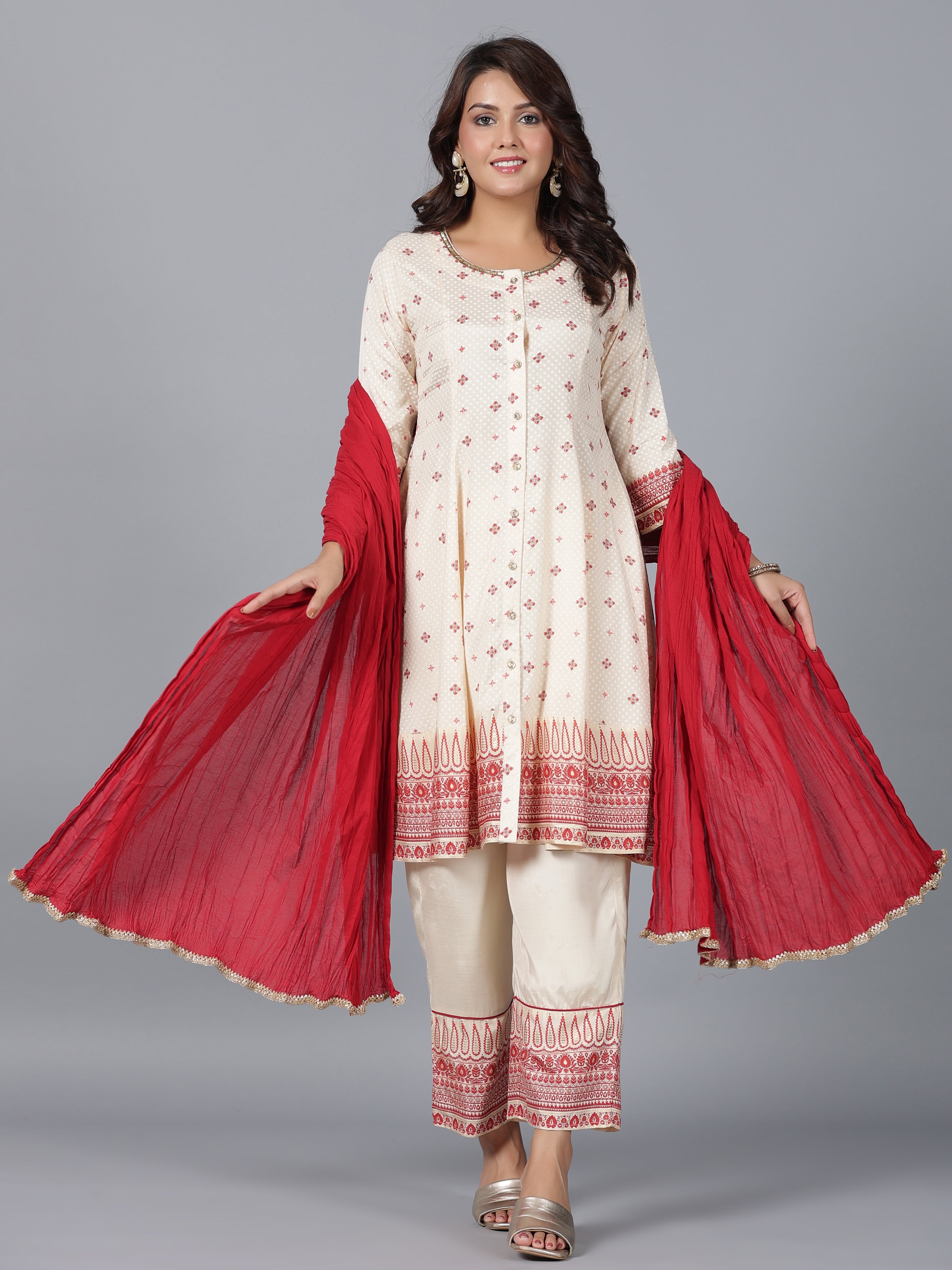 Juniper Women Beige Viscose Shantoon Printed Kurta, Pants & Dupatta Set