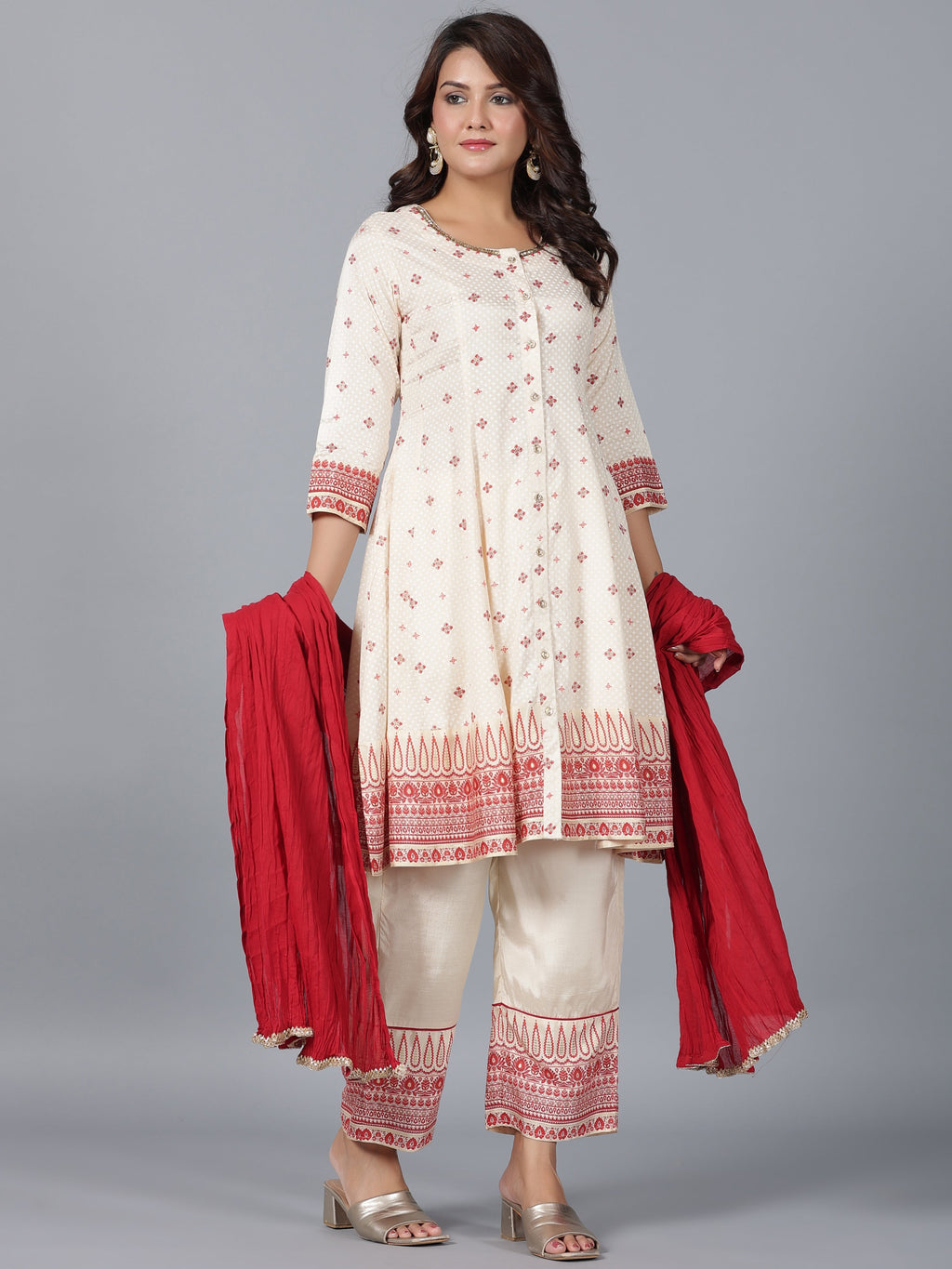 Juniper Women Beige Viscose Shantoon Printed Kurta, Pants & Dupatta Set