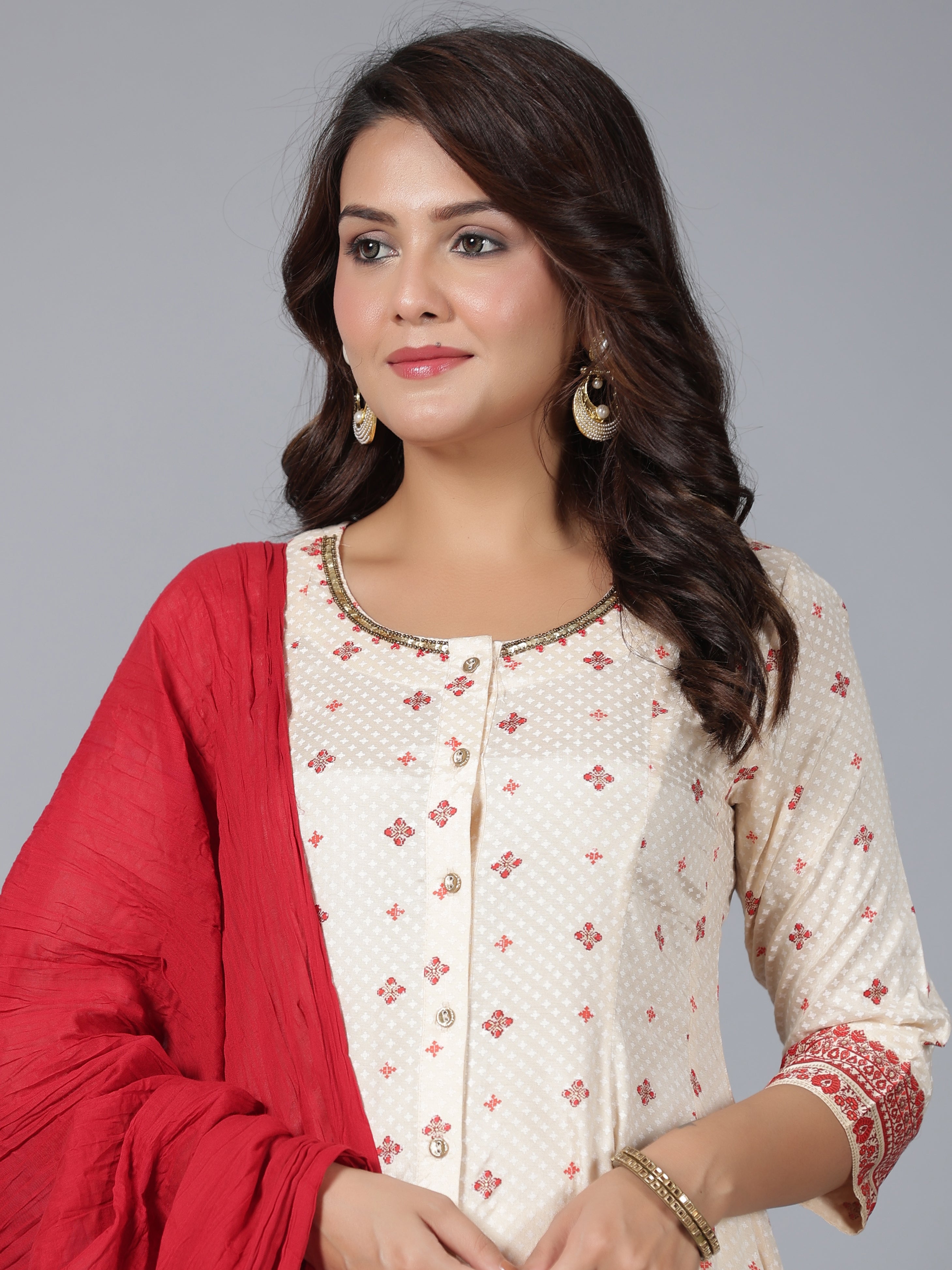 Juniper Women Beige Viscose Shantoon Printed Kurta, Pants & Dupatta Set