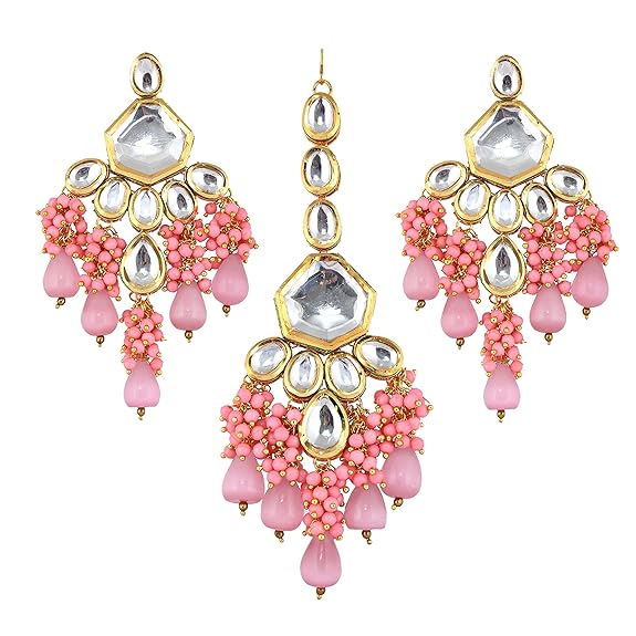 Tehzeeb Creations Gold-Polished Pink Color Kundan Stone/Uncut Kundan/Dibbi Kundan/Meena Kundan/Lucknow Kundan with Monalisa Drop Bridal Set for Girls & Women