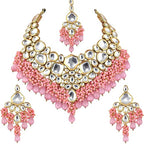 Tehzeeb Creations Gold-Polished Pink Color Kundan Stone/Uncut Kundan/Dibbi Kundan/Meena Kundan/Lucknow Kundan with Monalisa Drop Bridal Set for Girls & Women