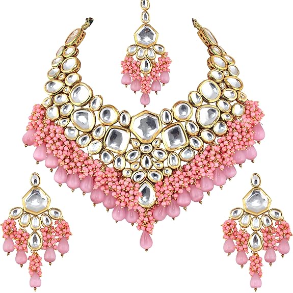 Tehzeeb Creations Gold-Polished Pink Color Kundan Stone/Uncut Kundan/Dibbi Kundan/Meena Kundan/Lucknow Kundan with Monalisa Drop Bridal Set for Girls & Women