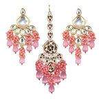 Tehzeeb Creations Gold-Polished Pink Color Kundan Stone/Uncut Kundan/Dibbi Kundan/Meena Kundan/Lucknow Kundan with Monalisa Drop Bridal Set for Girls & Women