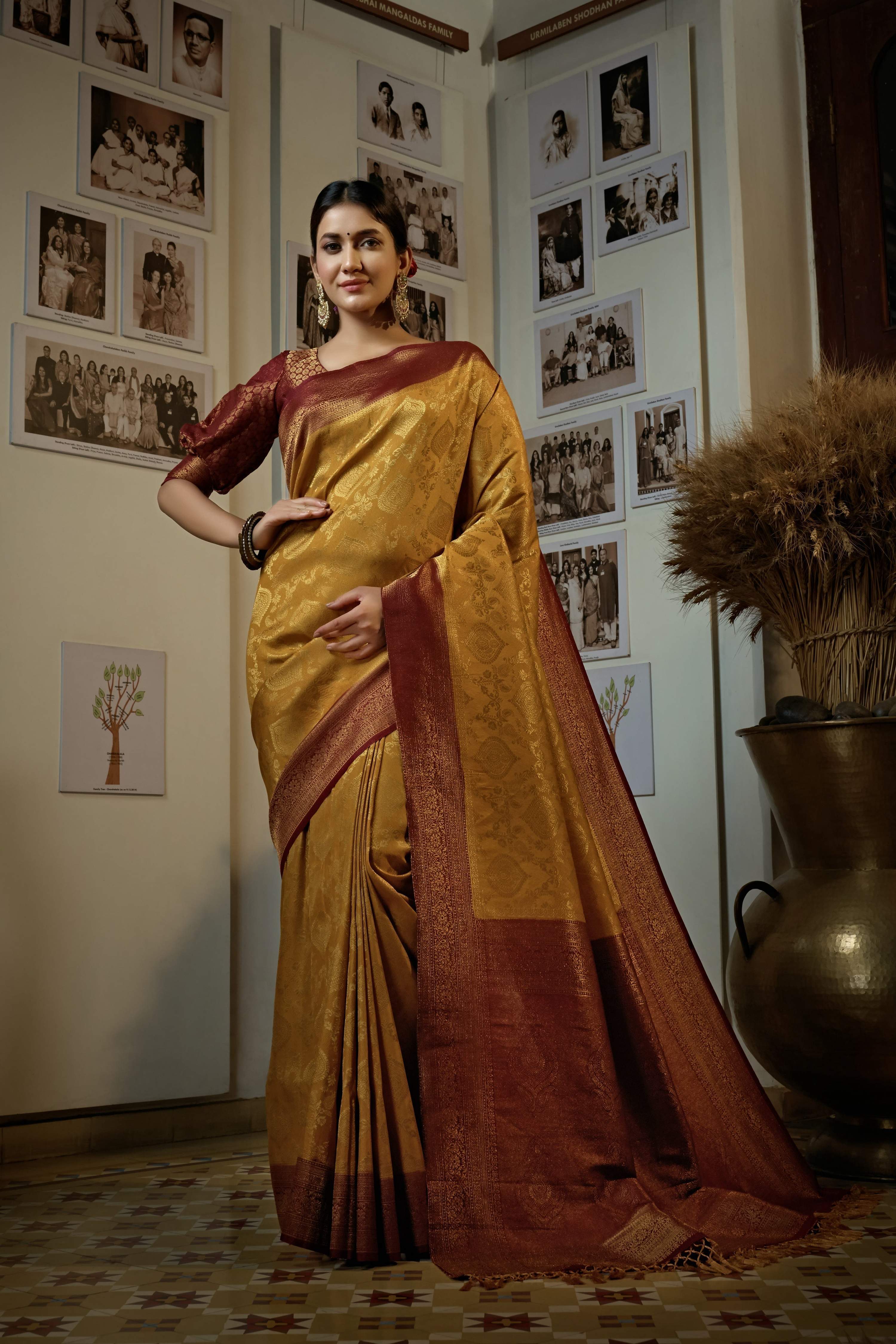 Vardha Mustard Yellow Golden Zari Kanjeevaram Silk Saree