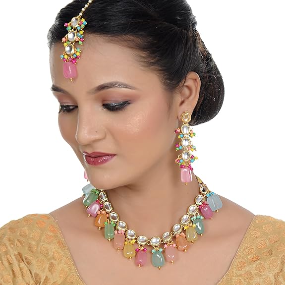 Tehzeeb Creations Back Meenakari Gold-Polished Multicolor Tika Earring Jewellery Set Uncut Kundan Big Faux Kundan Dibbi Kundan Choker Necklace Set