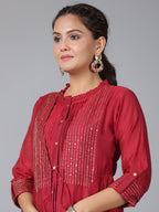 Juniper Women Maroon Chanderi Embroidered Jacket Style Kurta Dress - Distacart